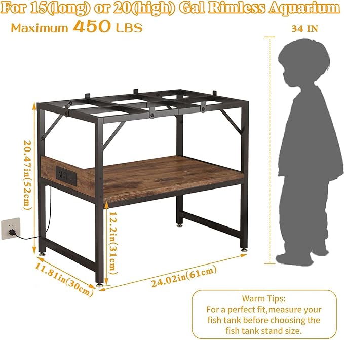 Modern 15 Long Gallon Fish Tank Stand for Home Office, 2-Tier Aquarium Stand with Shelf for Storage, Fish Tank Table 24" x 12" x 21", Ideal for Breeder Tanks, and Reptile Terrariums, Rustic Brown