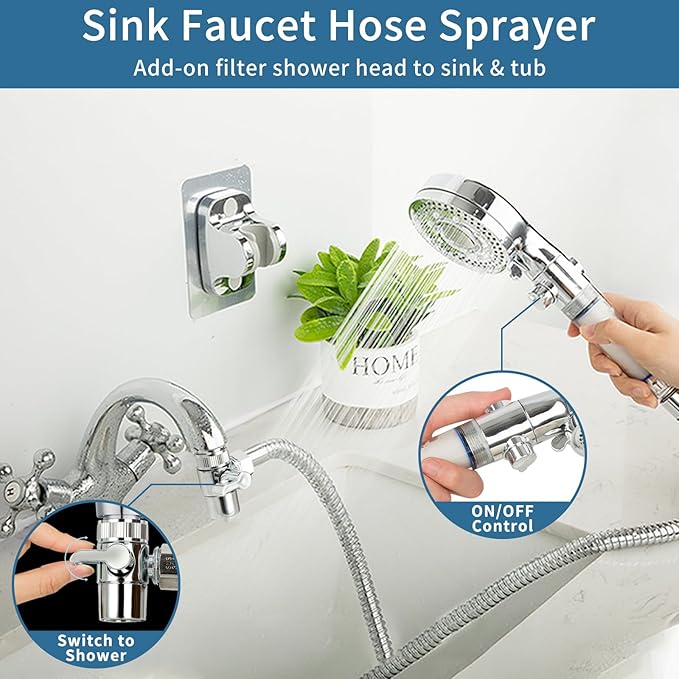 Klleyna Filter Dog Shower-Attachment for Bathtub-Faucet - ON/OFF Shower Head Attaches to Tub Spout, Pet Wash Hose Sink Sprayer (5 Adapters), Bathroom Kitchen Tap Extension for Hair Washing & Baby Bath