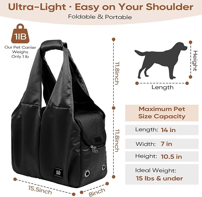 Dog Purse Carrier for Small Dogs, Cats, and Puppies – Soft-Sided Travel Pet Tote Bag with 4 Large Pockets, Foldable, Lightweight, Fits Pets up to 15 lbs, for Travel, Outings (Black)