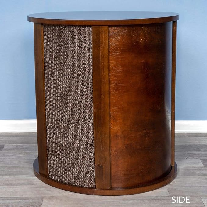 THE REFINED FELINE Purrrrfect End Table Cat Bed Cave in Mahogany Brown, Multipurpose Wood Cat Furniture Nightstand, Easy to Clean Covered Cat Bed with Replaceable Scratching Post & Washable Cushion