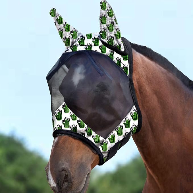 Harrison Howard LumiVista Horse Fly Mask Standard with Ears UV Protection for Horse Green Cactus XL Extra Full