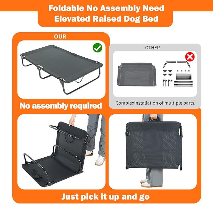 Elevated Dog Bed for Large Pet with No-Slip Feet, Foldable Portable Washable Raised Bed for Indoor&Outdoor Camping Dog Cot, with Cooling Waterproof Breathable Mesh (Large, Black-Textilene)