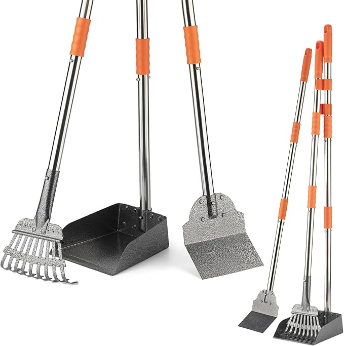 TIMINGILA Pooper Scooper Dog Pooper Scooper Long Handle Stainless Metal Tray Rake Spade Set for Large Medium Small Dogs Easy to Clean Pet Waste Use for Yard, Grass, Dirt or Gravel - Pet Supplies
