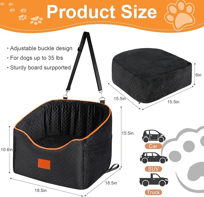 Dog Car Seat for Small Dogs, Memory Foam Booster Dog Seat for Dogs up to 35 lbs, Elevated Pet Car Seat with Washable Removable Cover, Storage Pockets (Black)
