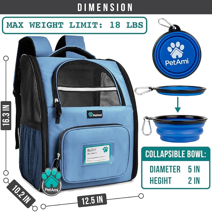 PetAmi Dog Backpack Carrier for Small Large Cat, Pet, Puppy, Ventilated Pet Hiking Backpack Travel Bag, Airline Approved Cat Backpack Carrier, Camping Biking Dog Bag Up to 18lbs Pet, Light Blue
