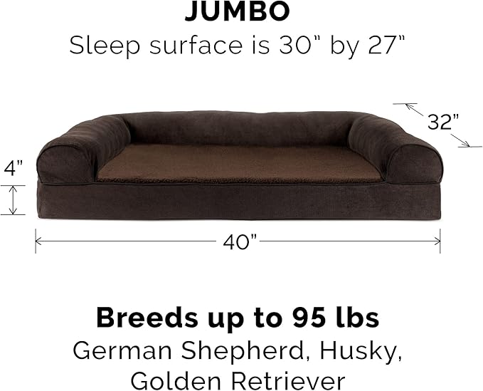 Furhaven Orthopedic Dog Bed for Large Dogs w/ Removable Bolsters & Washable Cover, For Dogs Up to 95 lbs - Sherpa & Chenille Sofa - Coffee, Jumbo/XL