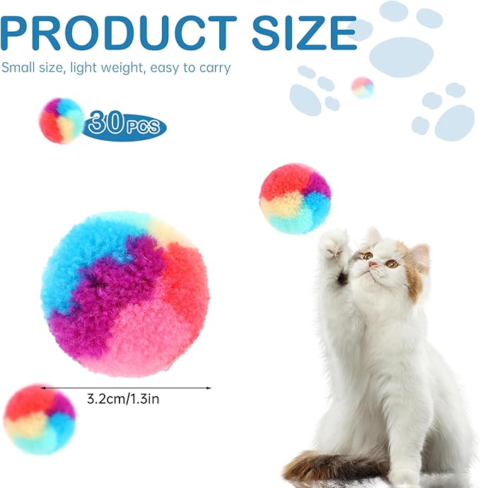 30 Pcs Soft Plush Cat Ball 1.2-inch Rainbow Cat Toy Balls Fuzzy Kitty Balls Kitten Puff Balls Colorful Cat Pom Pom Balls for Cat Kitten Pet Playing Exercising