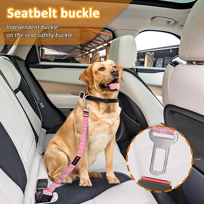 Removable Dog Seat Belt Harness for Car, 3 in 1 Pet Dog Car Seatbelt Leash, Retractable Restraint Secures to Vehicle Headrest & Adjustable Reflective Bungee Dog Seatbelt Tether, Pink