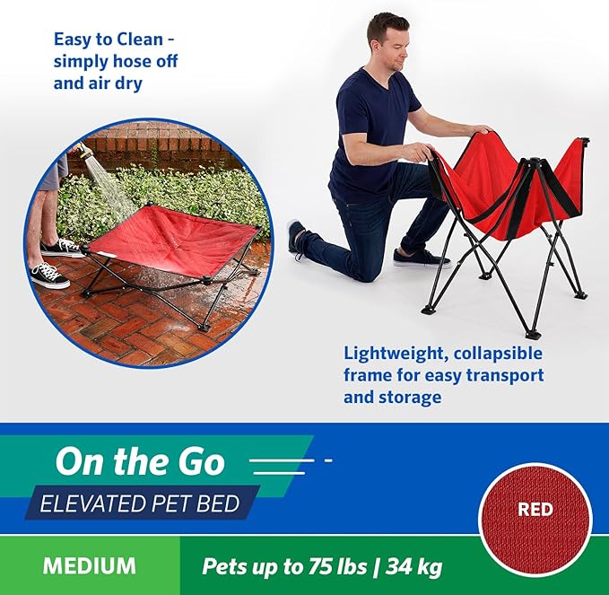 Coolaroo On-The-Go Elevated Dog Bed - Foldable Pop-Up Travel Dog Bed with Breathable, Moisture-Resistant Fabric, Carry Bag Included, Lightweight & Portable, Red, Medium