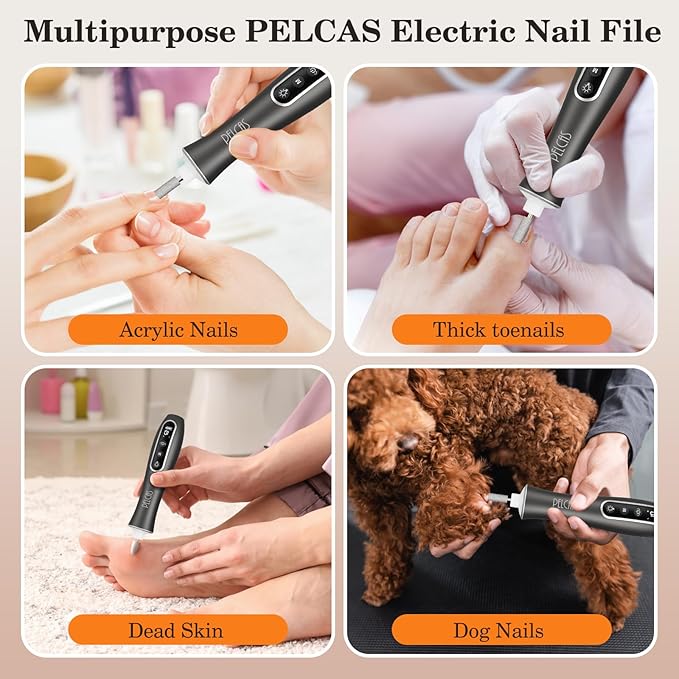 PELCAS Electric Nail Drills, Professional Cordless Nail File Kit with Light, 10 Speeds Manicure & Pedicure Kit for Human, Pet, Thick Toenails, Natural & Acrylic Nails Grey