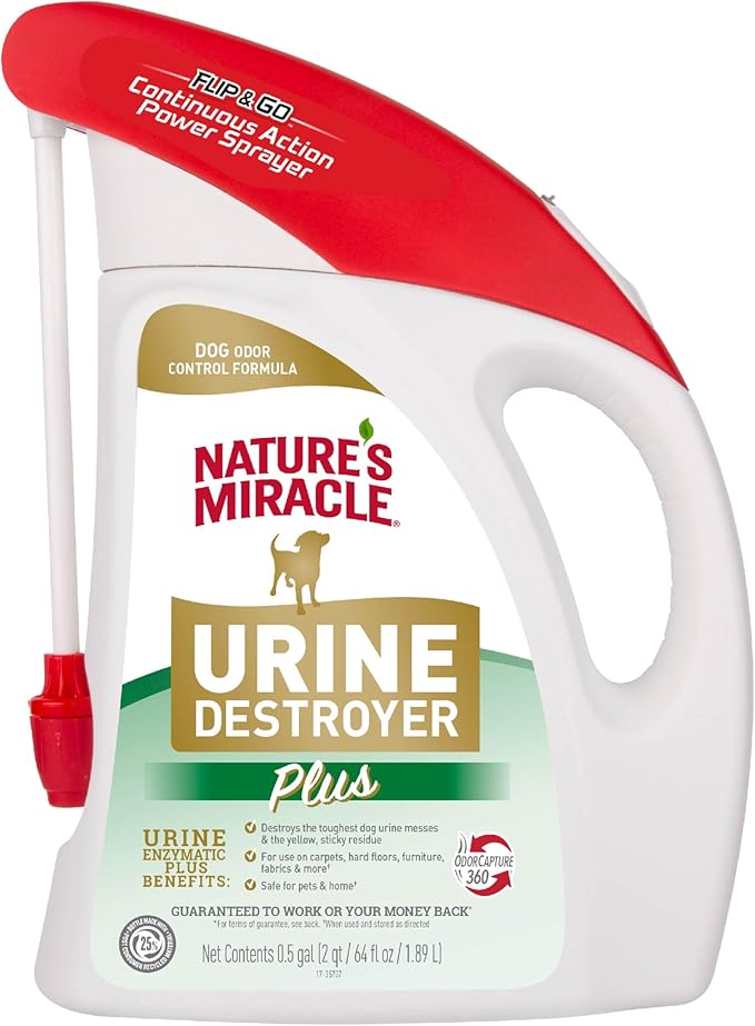 Nature's Miracle Urine Destroyer Plus for Dogs with Flip & Go Sprayer, 64 Ounces, Enzymatic Formula for Dogs Powers Out Tough Dog Urine Messes and Yellow, Sticky Residue