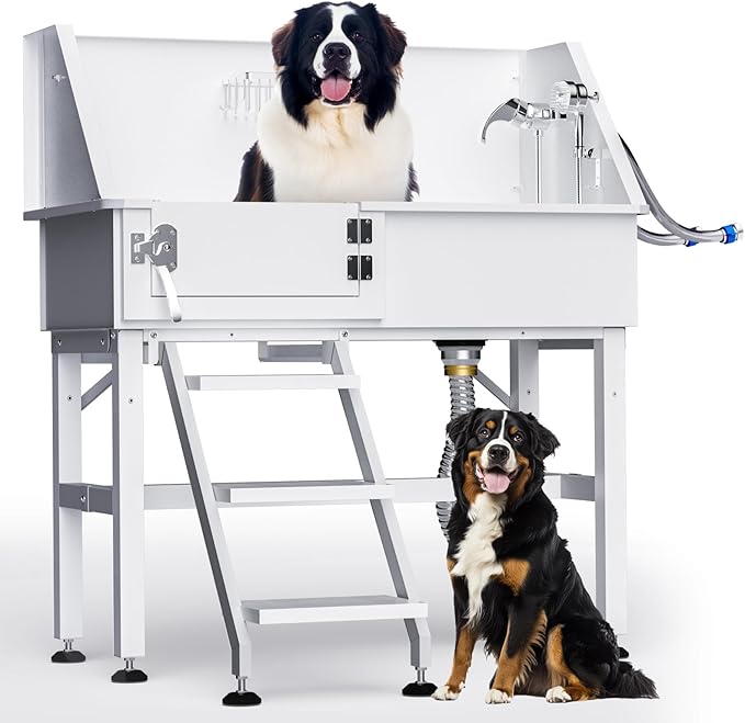 38" Dog Washing Station, Professional Stainless Steel Dog Bathing Station Dog Bathtub for Large & Medium Dog, Height Adjustable Dog Grooming Tub with Storage Basket, Movable Stair (Left Stair)