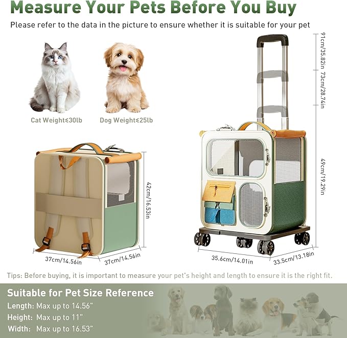Cat Carrier with Wheels, Soft Rolling Pets Carrier Collapsible on Wheel Pet Handbag Cats Backpack, Dog Carriers up to 25 LBs Removable Cat Bag for Small Dogs Medium Cats Outing(NOT for TSA)