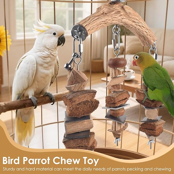 Bird Parrot Toys, Large Birds Wooden Chew Blocks with Stainless Steel Cage Hanging Bite Toy for Macaws, African Greys, Cokatoos, Amazon Parrots and Small Medium Parakeets