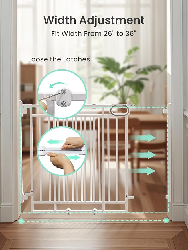 Mom's Choice GROWNSY Baby Gate No Bottom Bar, Adjustable Width 26” to 36” for Child and Pet, Dog Gate with Auto-Close & One-Hand Operation, Screw-in Installation for Doorways and Indoor Use