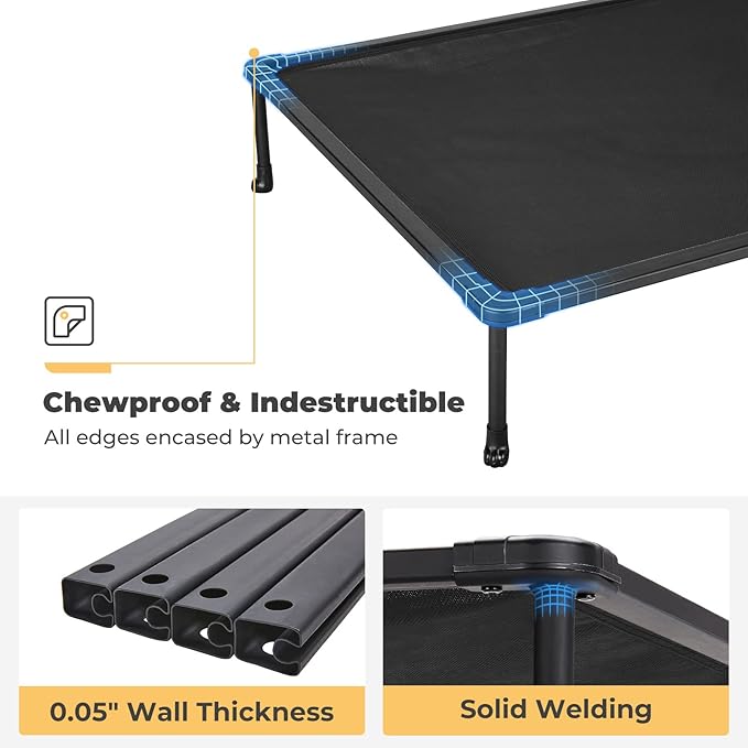 Veehoo Chewproof Elevated Dog Bed - Cooling Raised Pet Cot, Breathable Mesh, Washable & Non-Slip for Large Dogs, Indoor/Outdoor, Black Mat and Black Frame, 59x37inches (Model CWC2203A03)