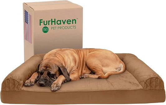 Furhaven Cooling Gel Dog Bed for Large Dogs w/ Removable Bolsters & Washable Cover, For Dogs Up to 125 lbs - Quilted Sofa - Toasted Brown, Jumbo Plus/XXL