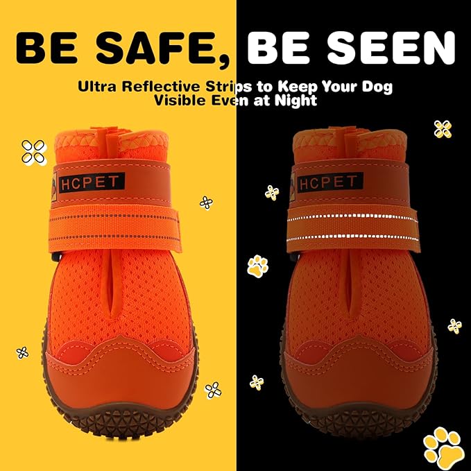 Hcpet Dog Shoes for Large Dogs, Breathable Dog Booties for Small Medium Dogs, Anti-Slip Dog Boots & Paw Protectors for Hot Pavement Winter Snow Hiking with Reflective Straps Orange Size 8