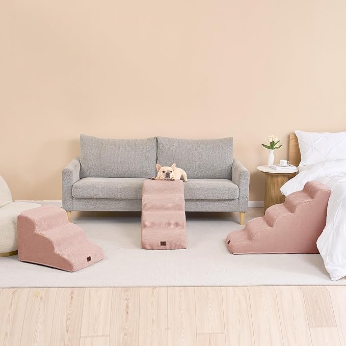 EHEYCIGA Curved Dog Stairs Ramp for High Beds 19.7" H, 4-Step Dog Steps for Small Dogs and Cats, Pet Stairs for High Bed Climbing, Non-Slip Balanced Pet Step Indoor, Dusty Pink