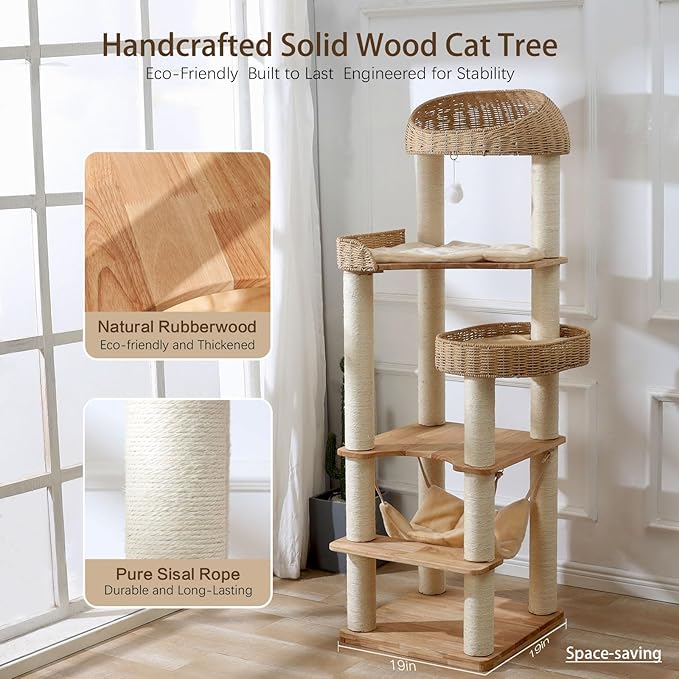 Wooden Cat Tree for Indoor Cats, 62-Inch Tall Cat Tower with Scratching Post for Large Cats, Solid Wood Cat Condo with Handwoven Basket, Modern Cat Tree Tower with Hammock, Easy to Clean
