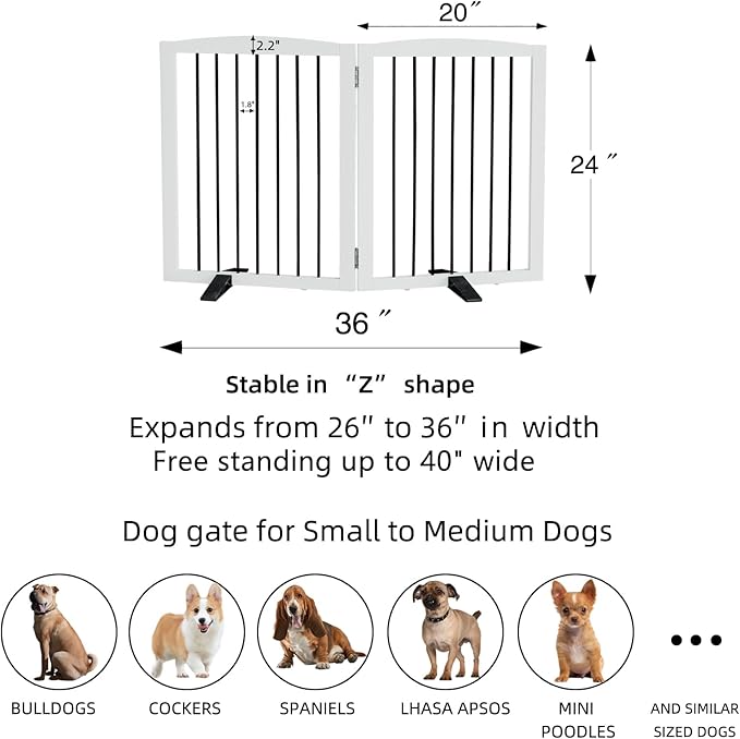 Freestanding Panel Gate for Indoor Doorways, Stairs, or Hallways, Foldable Wooden Gate for Dogs, Support Feet Included, 24" Height - 2 Panels, White