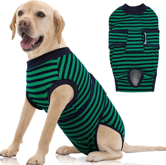 FUAMEY Recovery Suit for Dogs After Surgery,Soft Breathable Dog Bodysuit E-Collar & Cone Alternative Surgical Suit,Male Female Dog Neuter Spay Suits Anti Licking Wounds Onesie Green Black Stripes XL