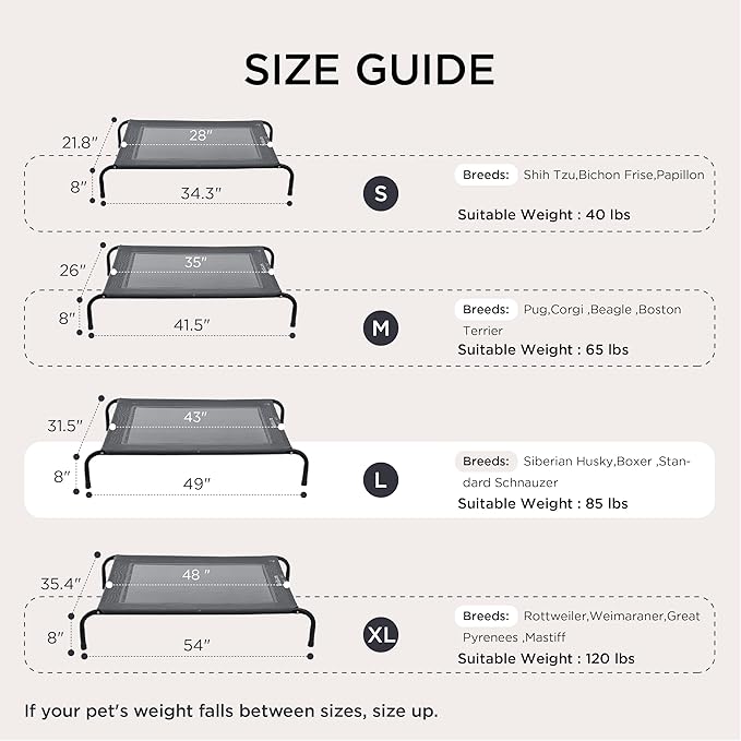 Bedsure Outdoor Elevated Dog Bed Large Sized Dog, Portable Indoor & Outdoor Cooling Raised Cot Pet Hammock Bed with Skid-Resistant Feet, Frame with Breathable Mesh, Grey, 49 inches