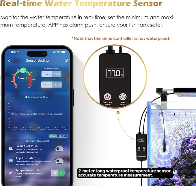 GLOWRIUM Saltwater Aquarium Light, Smart Reef Coral Fish Tank Light with Bluetooth + WiFi Dual Control App, DIY Spectrum, Brightness Adjustable, Anti-Drop, Real Time Water Temperature Sensor(48-60 in)