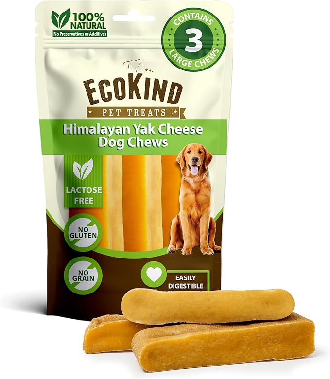 EcoKind Premium Gold Yak Cheese Himalayan Dog Chews, Dog Treats Large Breed, All Natural, High Protein, for Aggressive Chewers, Large - 3 Chews
