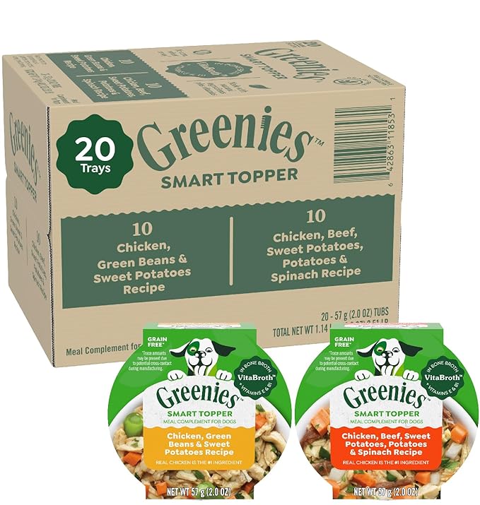 Greenies Smart Topper High Protein Wet Mix-in for Dogs, Chicken, Green Beans, and Sweet Potatoes Recipe & Chicken, Beef, Sweet Potato & Spinach Recipe Variety Pack, 20 Trays of 2oz.