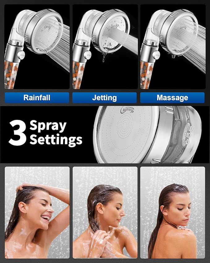 Luxsego Filtered Shower Head for Hard Water with Stop, High Pressure 4-Mode Shower Heads Built-in Power Spray to Clean Corner, Tub & Pets, Water Softener Handheld Shower to Remove Chlorine & Fluoride