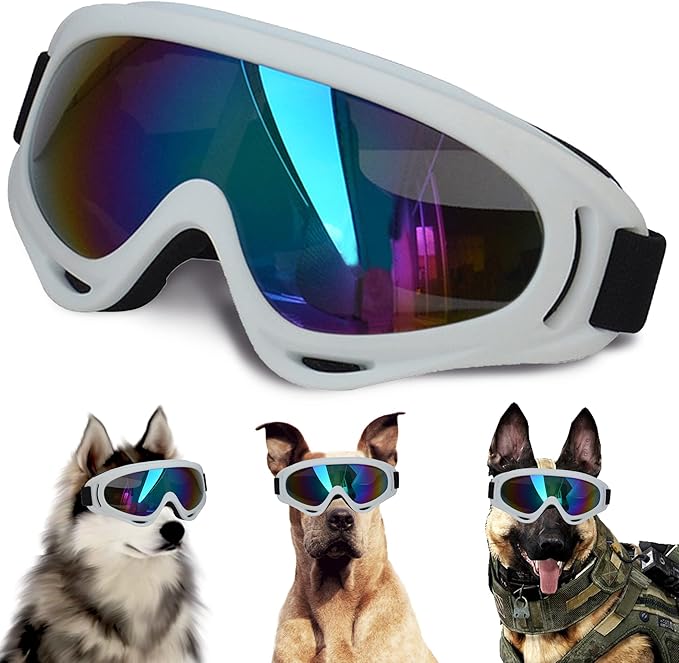 Large Dog Sunglasses With Adjustable Strap UV Protection, Windproof Puppy Eyewear, Suitable for Medium-Large Pets, Eyes Protection, Soft Goggles (White Frame)
