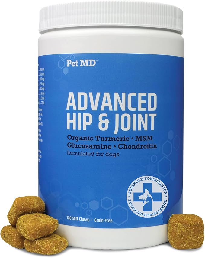 Pet MD Glucosamine for Dogs | Dog Joint Supplement with Glucosamine, Chondroitin & MSM - Inflammatory Pain Relief Chews for Hip & Joints - Bacon Flavored - Includes Yucca & Turmeric - 120 Ct