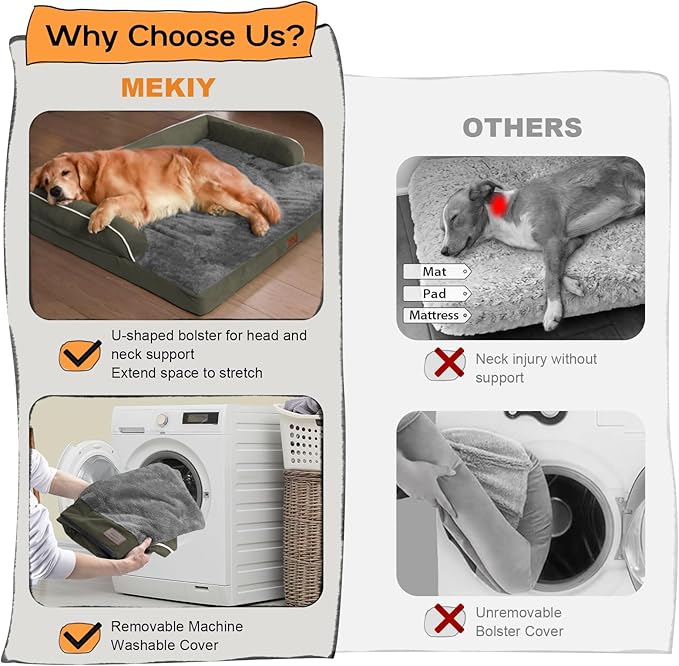 Large Dog Bed Orthopedic Washable: Orthopedic Dark Green Dog beds for XXXLarge Size Dogs, Waterproof Washable Cover with Egg Foam Removable Bolster, pet beds for Large Dogs