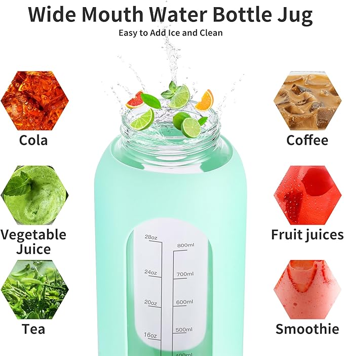 64 oz Glass Water Bottle With Straw and Handle, Half Gallon Sports Motivational Water Jug Flask with Silicone Sleeve, Large Water Cup with Time Marker for Travel, Gym, Blush