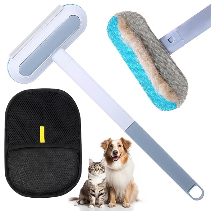 Pet Hair Remover Brush- Pet Hair Removal Glove, 4 in 1- Reusable Hair Remover Brushl with 17inch Long Handle, Electrostatic Gloves Pet hair for Furniture, Couch, Carpet