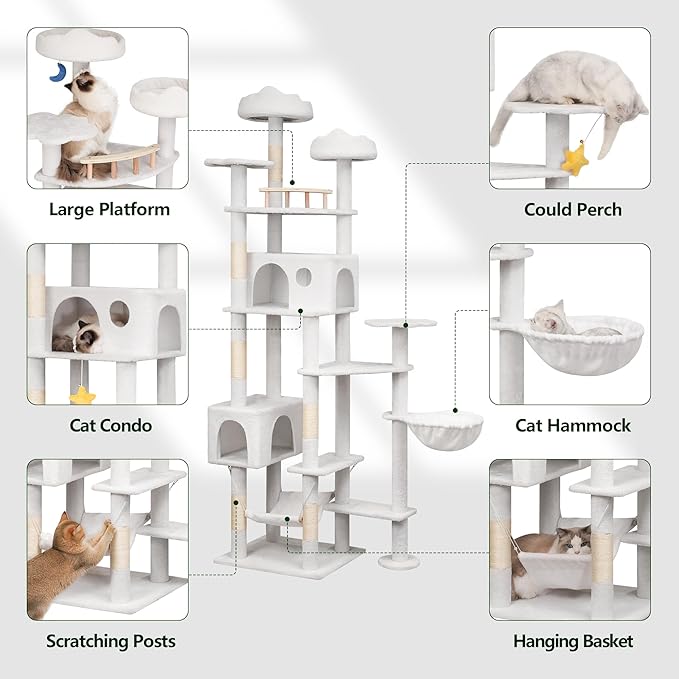 85in Tall Cat Tower for Heavy Duty Big Cats, Large Cat Tree with Scratching Post, Plush Perches, Cozy Cat Condos & Hanging Hammocks for Maine Coon, White