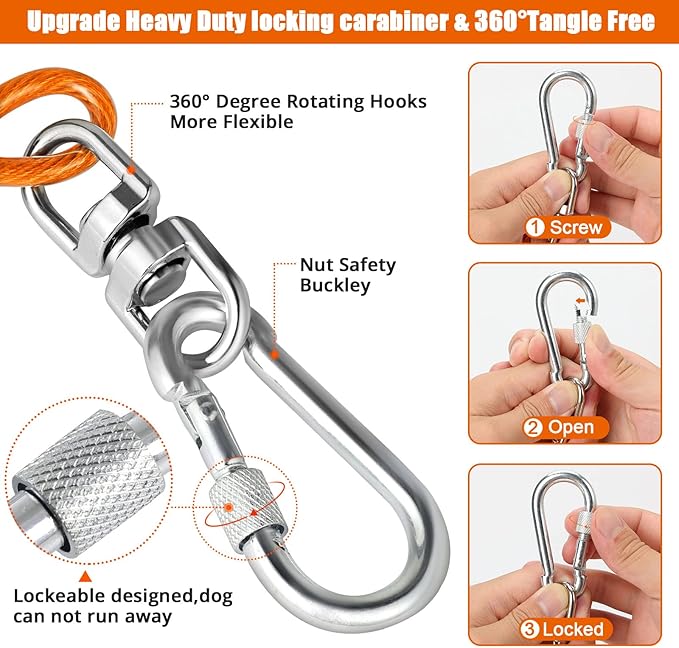 Jenico Dog Tie Out Cable, 10-150FT Runner Cable with Swivel Hook and Shock Spring, Yard & Camping Dog Leash Tether for Small to Medium Pets Up to 500 LBS