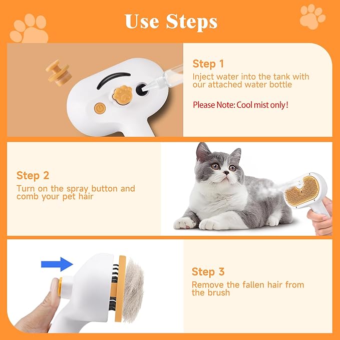 Pet Steam Brush for Dog & Cat – 3-in-1 Spray Hair Removal Comb – Steam for Shedding & Grooming – Water Brush for Long & Short Haired Pets – Spritz Defur Comb – Includes 2*Waterless Shampoo