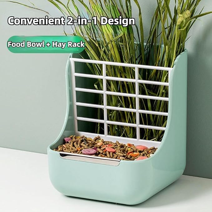 2 in 1 Food Hay Feeder for Guinea Pig, Rabbit Feeder, Indoor Hay Feeder for Guinea Pig, Rabbit, Chinchilla, Feed Bowls Use for Grass & Food (Blue)