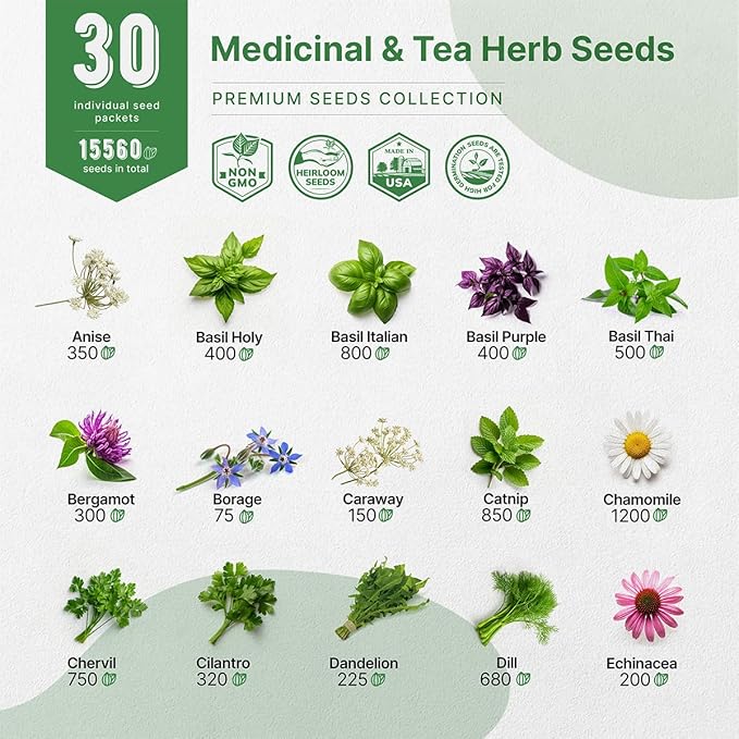Organo Republic 30 Medicinal & Tea Herb Seeds Variety Pack 15,560+ Non-GMO Heirloom Garden Seeds for Indoor & Outdoors, Including Anise, Bergamot, Borage, Cilantro, Chamomile, Dandelion Seeds