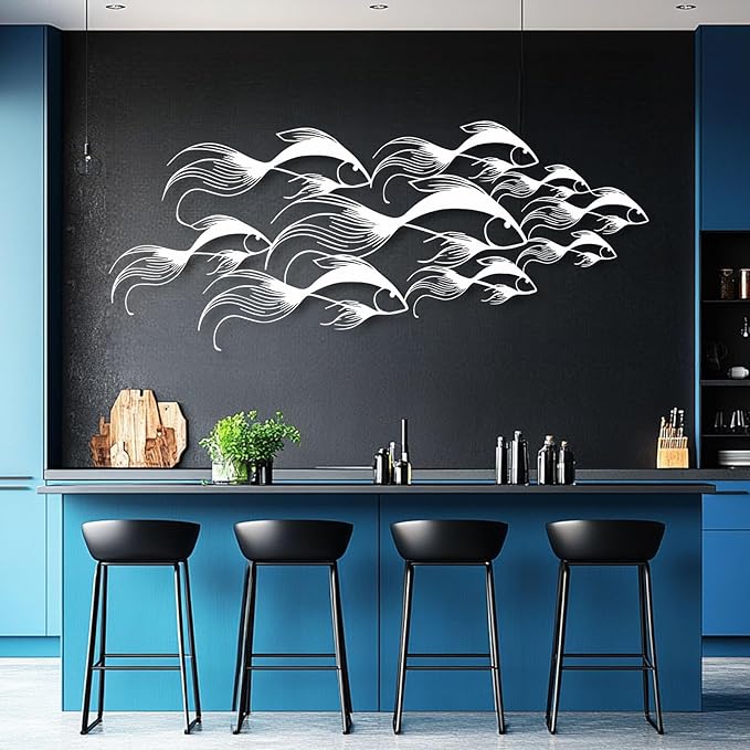 School of Fish Metal Wall Art, Metal Fish Wall Decor, Sea Life Wall Art, Large Nautical Wall Hanging, Modern Beach House Wall Decor, Ocean Themed Artwork for Bathroom (Gold, 59"x25" | 150x64cm)