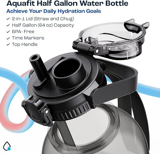 AQUAFIT 64 oz Water Bottle with Time Marker - 2in1 Straw & Chug Lid - BPA Free Big Water Bottle with Straw - Gym Water Bottle with Strap - Water Jug (64 Ounces, Purple Haze)