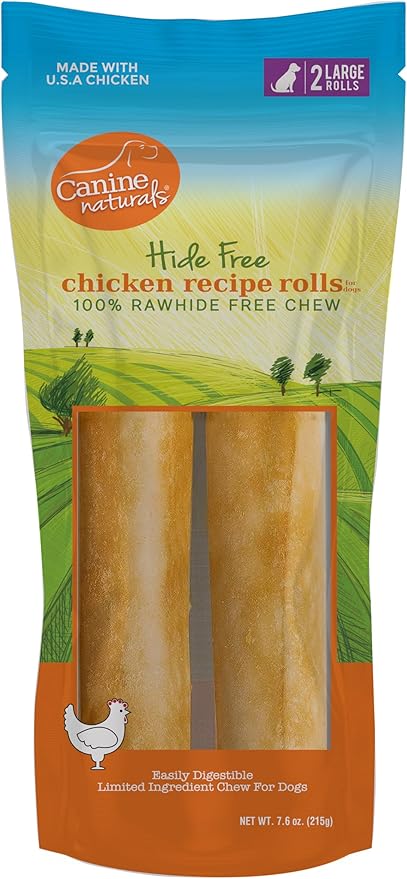 Canine Naturals Chicken Recipe Chew - Rawhide Free Dog Treats - Made from USA Raised Chicken - All-Natural and Easily Digestible - Large (2 Count) for Dogs 50-75Lb