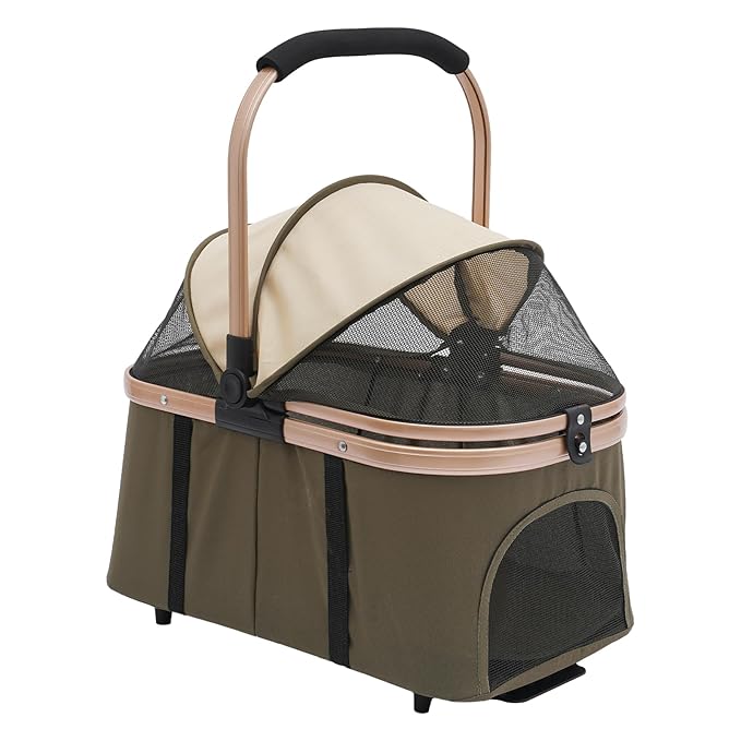 2-Layers Pet Stroller for 2 Cats/Dogs,Foldable Lightweight 77lbs Capacity Carrier, 4 Wheels, Removable Basket & Storage Pocket,for Small Pets (Green)