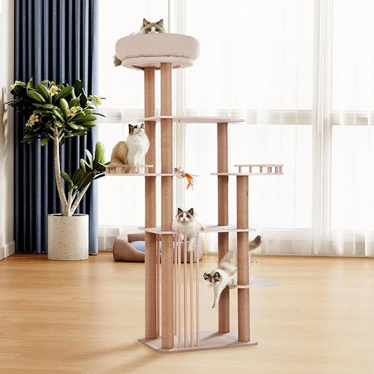 68" Large Cat Tree, Solid Wood Multi-Level Cat Tower with Scratching Posts, Fun Toys, and Washable Plush Platform for Indoor Cats