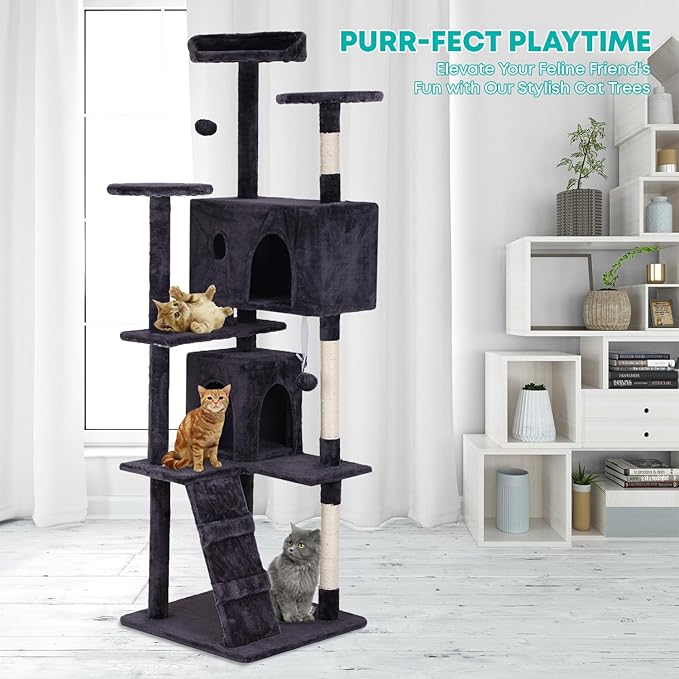 FDW Cat Tree 70in Cat Tower Multi-Level Durable Cat Scratching Post & Cozy Fun Cat Jumping Platform Space Saving Cat Condo Pet Play House for Indoor Cats,Ashy