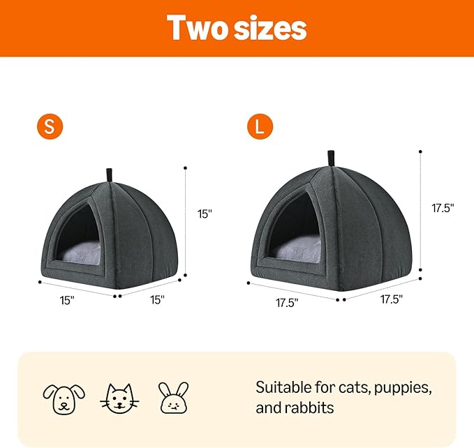 Amazon Basics Cat Cave Bed, 2-in-1 Foldable House for Indoor Cats, with Washable Cushion and Non-Slip Base, 17.5 x 17.5 Inches, Large