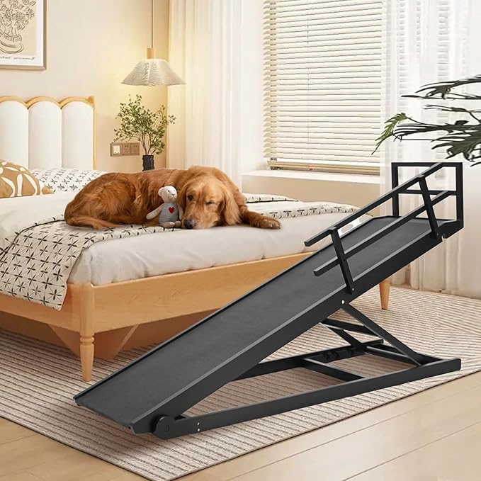 Dog Ramp, 5 Level Adjustable Height Folding Pet Ramp for High Bed, Portable Paw Ramps Large Bed Ramp for Medium & Large Old Dogs & Cats - Natural Wood Furniture Quality