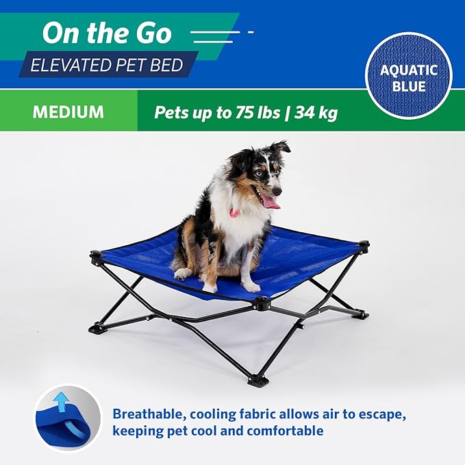 Coolaroo On-The-Go Elevated Dog Bed - Foldable Pop-Up Travel Dog Bed with Breathable, Moisture-Resistant Fabric, Carry Bag Included, Lightweight & Portable, Aquatic Blue, Medium